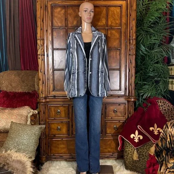 DG2 Multi Wash Stripe Stretch Cotton Blend Denim Blazer - Picture 4 of 12